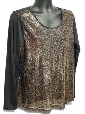 Mark Bouwer Leopard Sequin Top XL Black Gold Party Glam